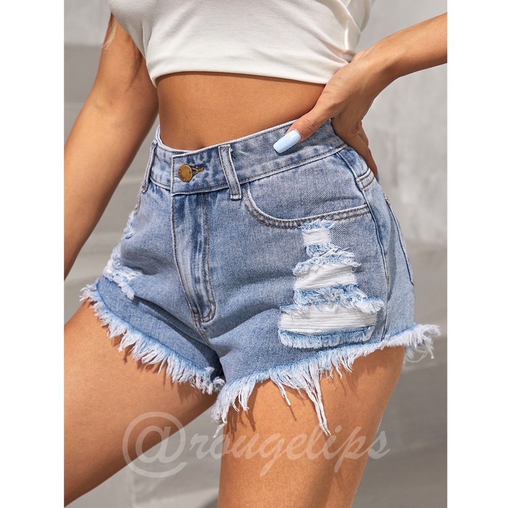Light Wash Blue Denim Shorts Distressed Ripped High Waist Raw Hem - Picture 2 of 15